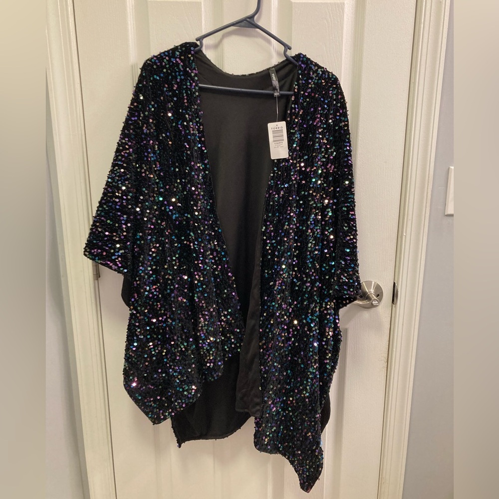 Torrid Black velvet Sequin Ruana jacket Cape evening one size